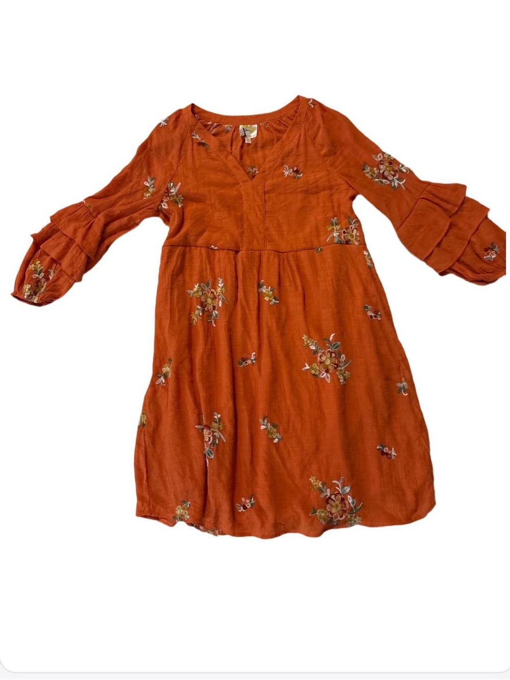 fig and flower Rust Orange Floral Tiered-Sleeve Casual Dress
